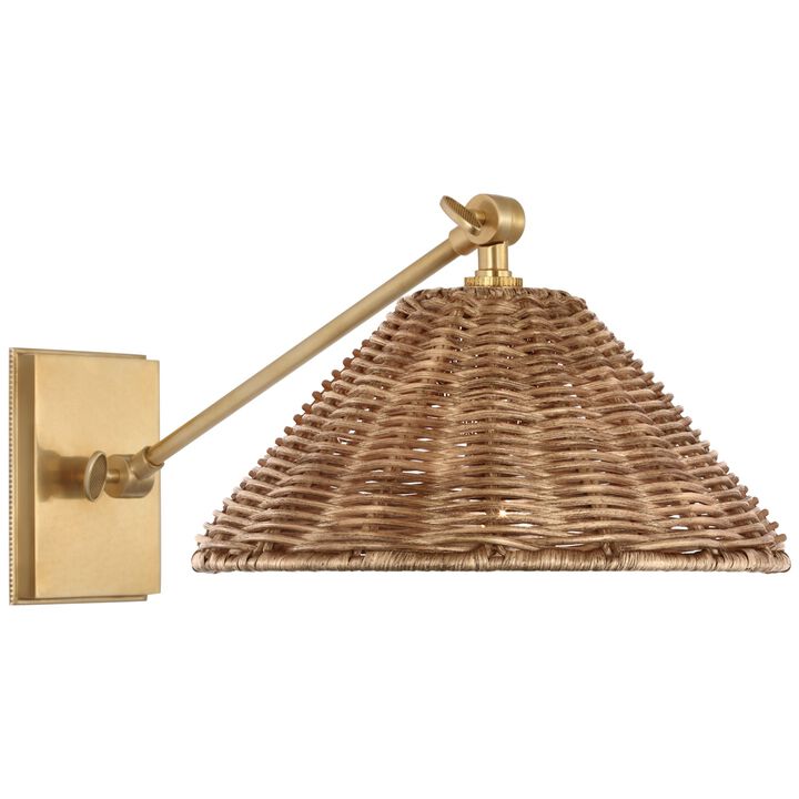 Wimberley Single Library Wall Light in Soft Brass with Natural Wicker Shade