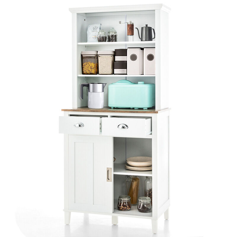 Freestanding Kitchen Pantry with Hutch Sliding Door and Drawer-White