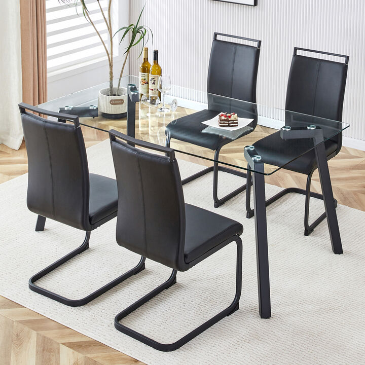 Table and chair set, 1 table and 4 chairs. Rectangular glass dining table, 0.31 "tempered glass tabletop and black coated metal legs. Paired with black PU chairs. 1123 1162
