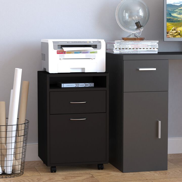 Black Mobile File Cabinet Organizer: Cabinet for filing, featuring a drawer and cabinet, with castors for easy mobility and a printer stand.