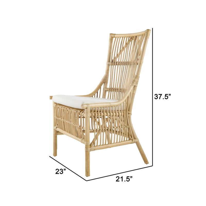 23 Inch Rattan Dining Side Chair, Soft Padded Seat, Natural Brown, White - Benzara