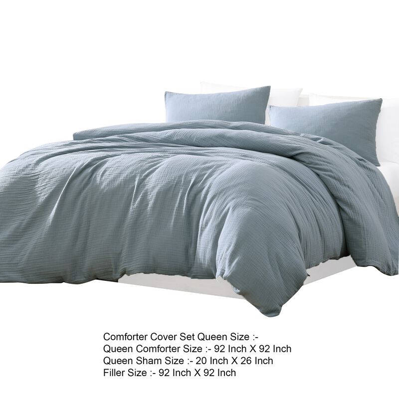 Uvi 3 Piece Queen Comforter Set, Cotton, Natural Crinkled Texture, Blue - Benzara