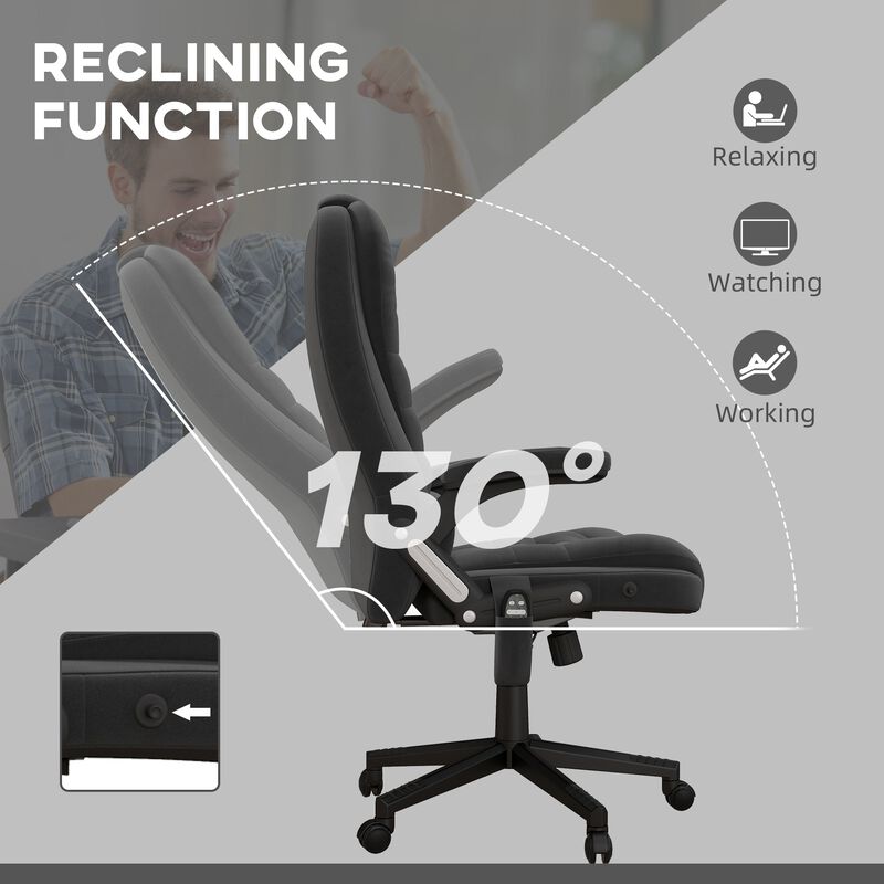Linen High-Back Office Chair with 6-Point Vibrating Heated Massage, Reclining Backrest, Padded Armrests, and Remote, in Black