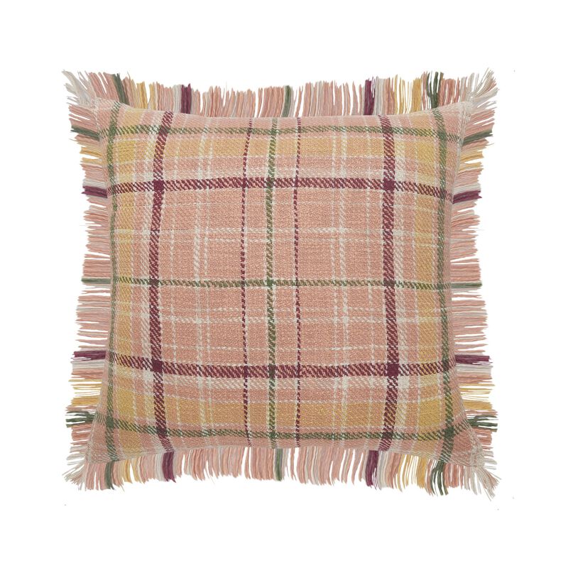 20" Pink and Green Plaid Square Throw Pillow with Fringes