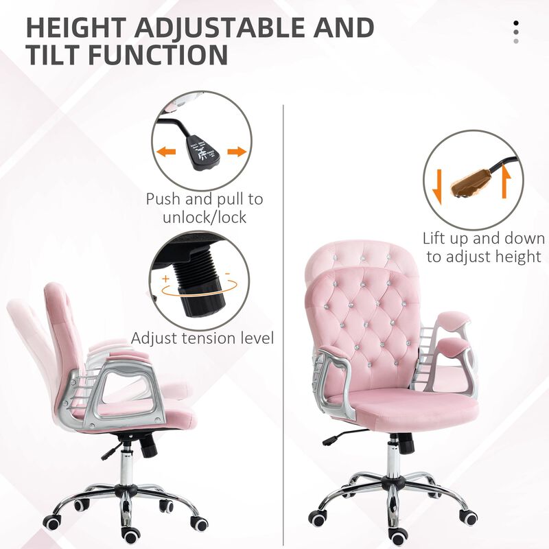 Pink velvet home office chair with padded armrests, adjustable height, and swivel wheels.