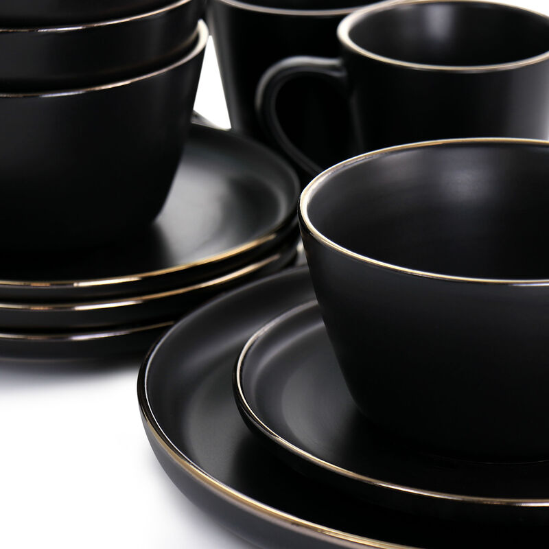 Elama Paul 16 Piece Stoneware Dinnerware Set in Matte Black with Gold Rim