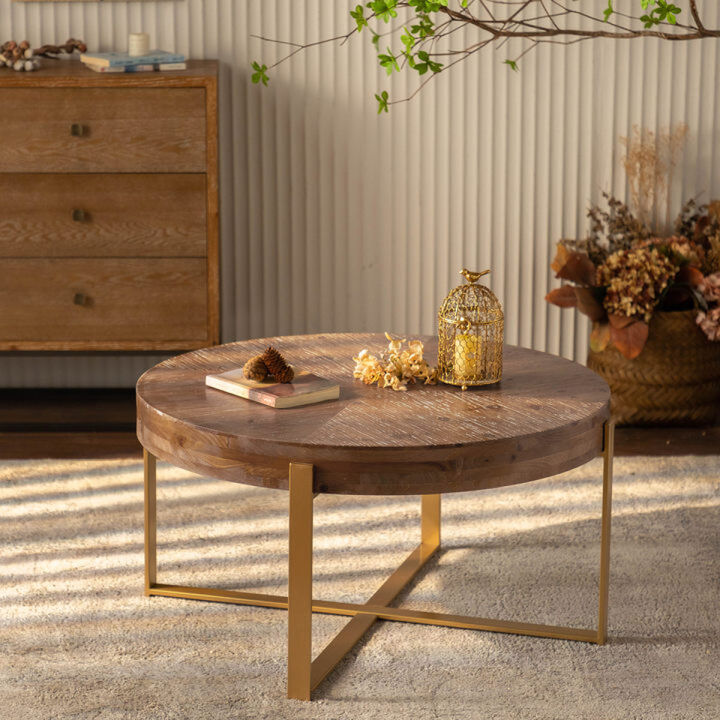 33.86"Modern Retro Splicing Round Coffee Table, Fir Wood Table Top with Gold Cross Legs Base