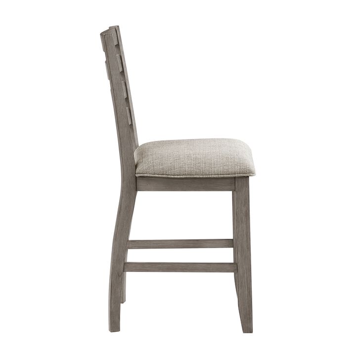 Trea 26 Inch Counter Height Chair, Ladder Back, Polyester, Gray Wood, Set of 2 - Benzara