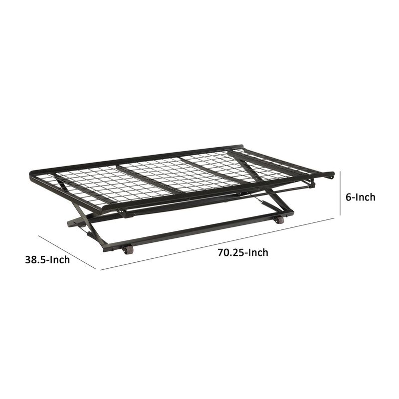 Pop Up Trundle Bed, Rolling Wheels, Easily Adjustable Height, Black Finish - Benzara