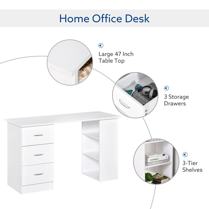 HOMCOM 47" Modern Home Office Computer Desk Bookcase Combo Writing Table Workstation with 3 Drawer and Storage Shelf - White