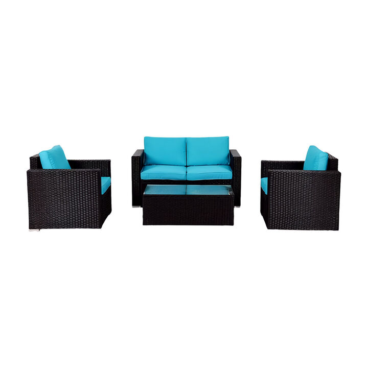 4PC Rattan Patio Furniture Set Outdoor Wicker With Blue Cushion-Blue