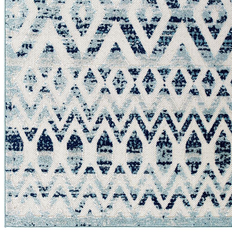 Reflect Tamako Distressed Vintage Diamond and Chevron Moroccan Trellis 5x8 Indoor and Outdoor Area Rug - Ivory and Blue