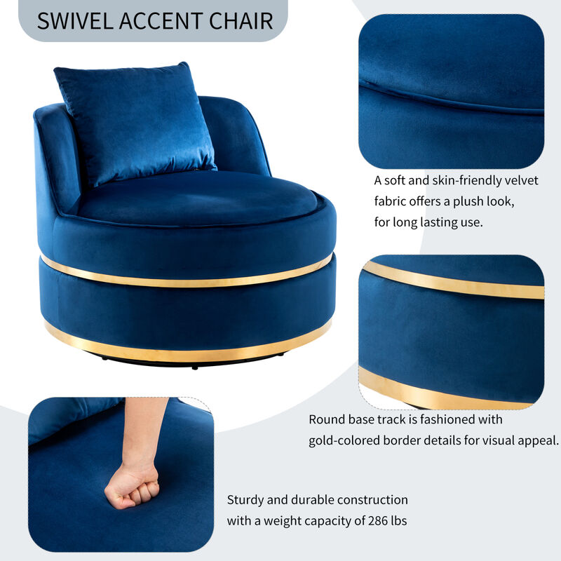 360 Degree Swivel Accent Chair Velvet Modern Upholstered Barrel Chair Over Sized Soft Chair with Seat Cushion for Living Room, Bedroom, Office, Apartment, Blue