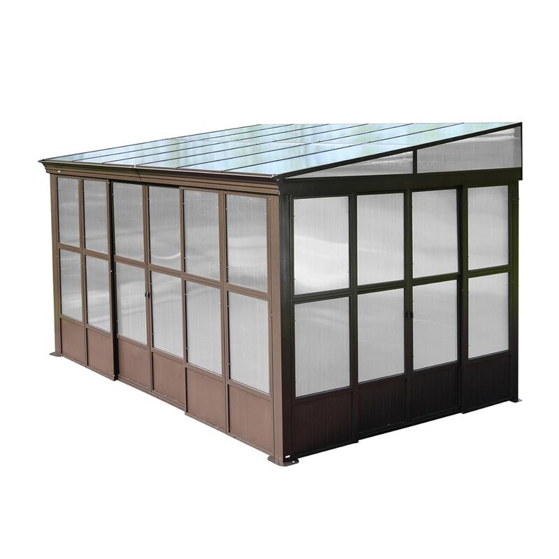 MONDAWE 10x12FT Lean to Sunroom Wall Mounted Solarium with Sloping Polycarbonate Roof, Detachable Screens and 2 Lockable Sliding Doors