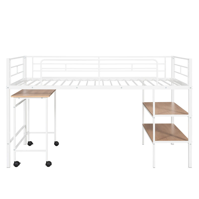 Twin Size Metal Loft Bed With Desk And Shelves