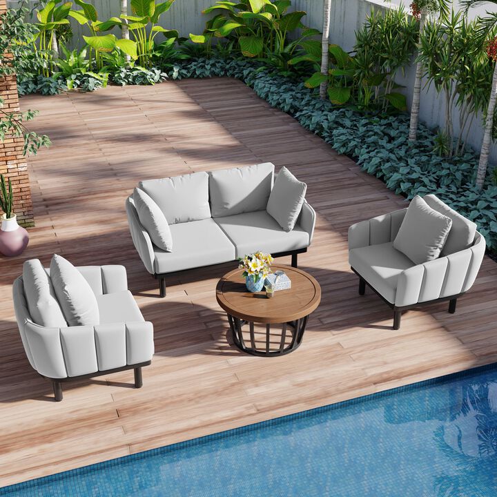 MONDAWE Luxury Modern 4 Piece Outdoor Iron Frame Conversation Set, Patio Chat Set with Acacia Wood Round Coffee Table, Loveseat+Arm Chairs