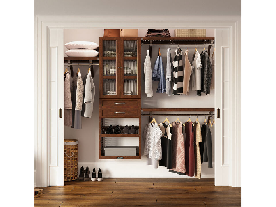 Solid Wood Walk-In Closet Organizer with 2 Shaker Style Drawers and Glass Doors
