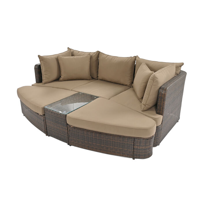 6Piece Patio Outdoor Conversation Round Sofa Set, PE Wicker Rattan Separate Seating Group with Coffee Table, Brown