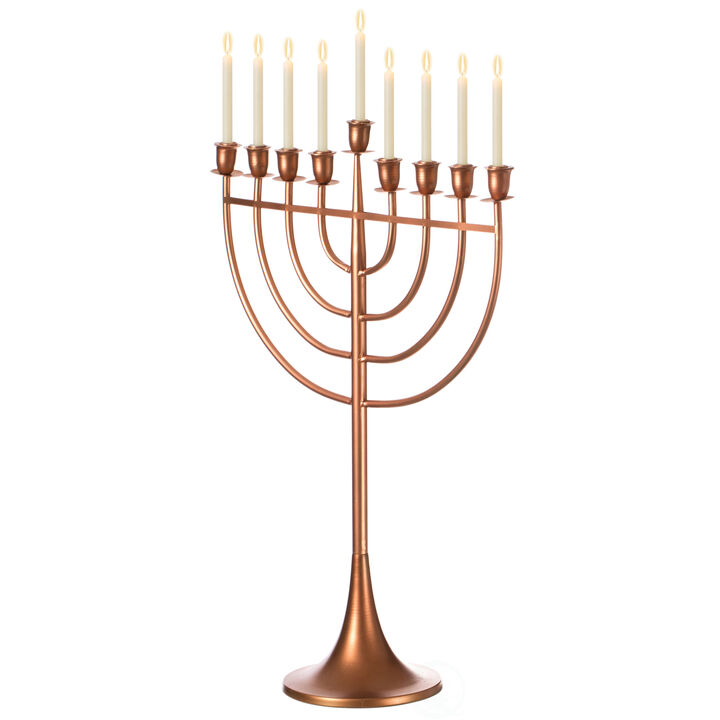 Modern Solid Metal Judaica Hanukkah Menorah 9 Branched Candelabra, Copper Finish Large