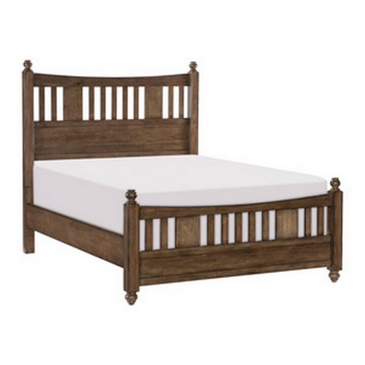 Reva Queen Bed, Finial Topped Posts, Vertical Slats, Light Brown Wood - Benzara