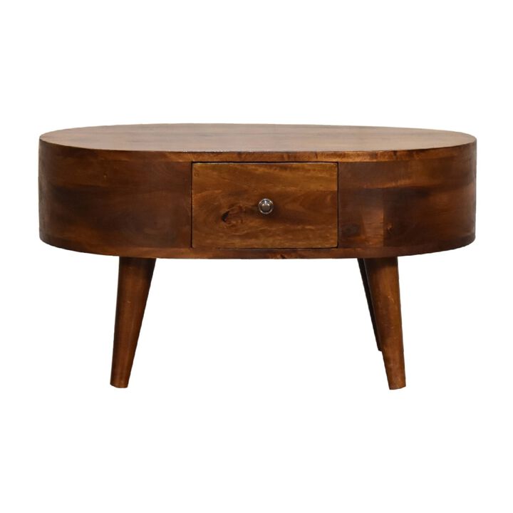 Mini Chestnut Rounded Solid Wood 1 Drawer  Coffee Table