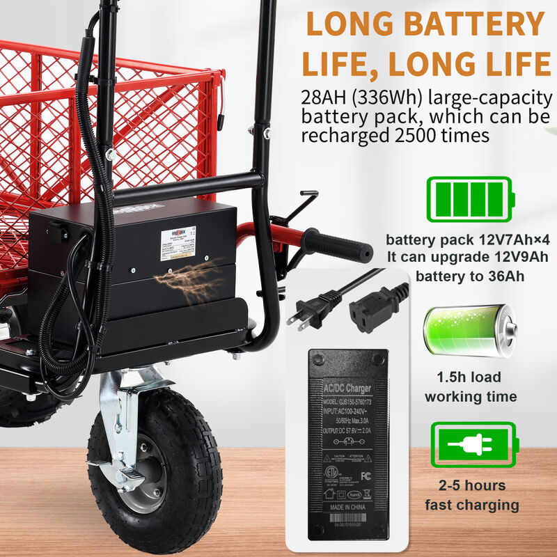 Wheelbarrow Utility Cart Electric Powered Cart 48V28Ah 500W Capacity 500 lbs (230kg) Material Hauler 1000 lbs Towing