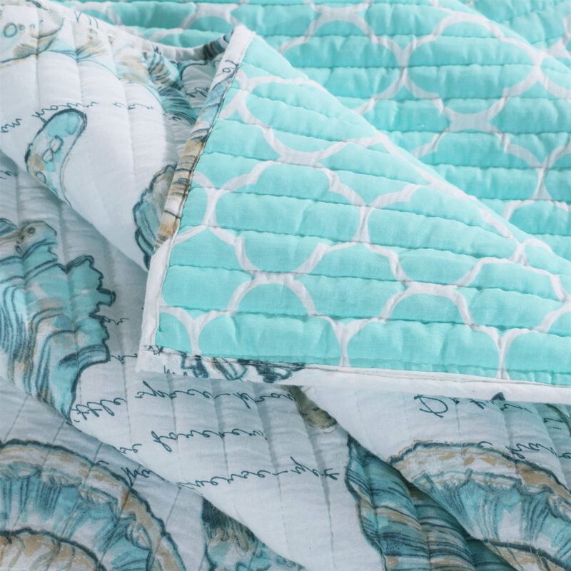 QuikFurn Twin Coastal Seashells White Teal 2 Piece Polyester Reversible Quilt Set