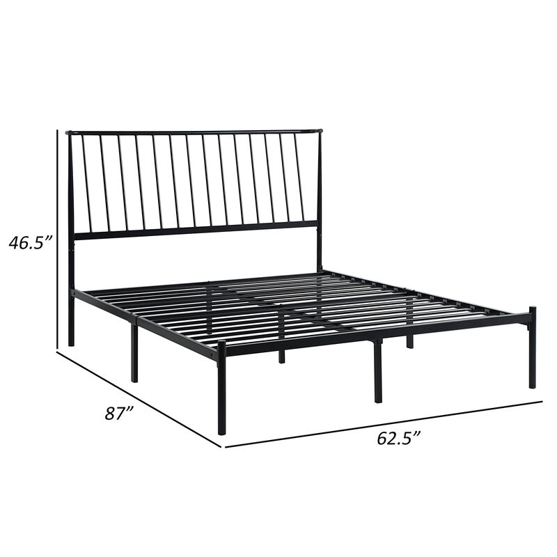 Angie Queen Bed, Platform Foundation, Slatted Headboard, Black Metal Frame - Benzara