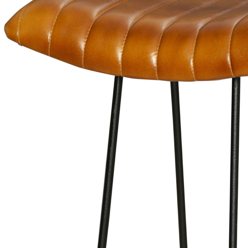 Industrial Barstool with Curved Genuine Leather Seat and Tubular Frame, Tan Brown and Black