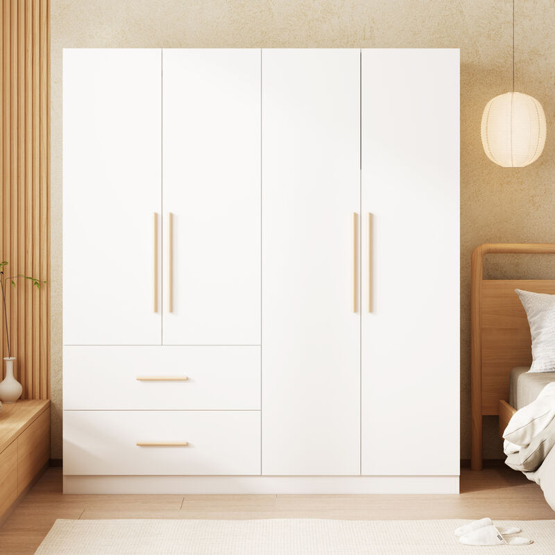 70.9 in. H x 19.5 in. D White 63 in. W 4-Door Big Wardrobe Armoires with Hanging Rods, Drawers and Storage Shelves