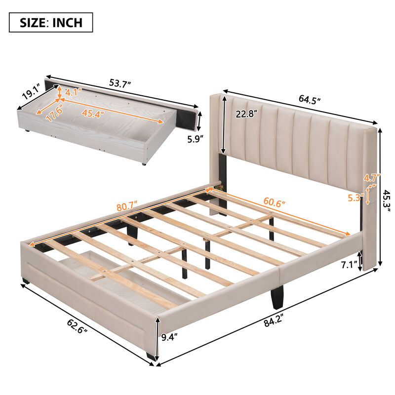 Queen Size Storage Bed Velvet Upholstered Platform Bed with a Big Drawer