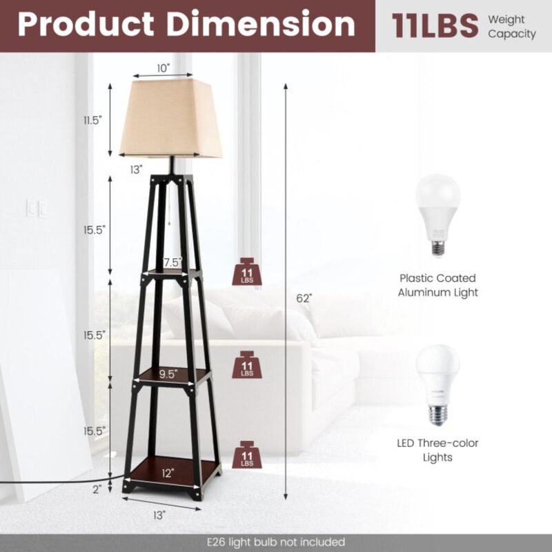 Hivvago Trapezoidal Designed Floor Lamp with 3 Tiered Storage Shelf-Brown