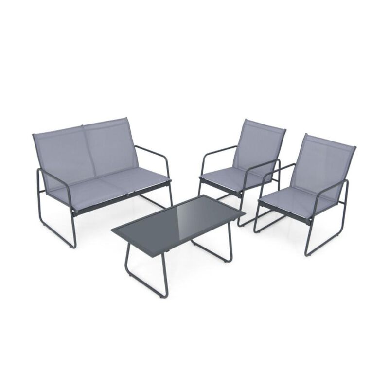 Hivvago 4 Pieces of Metal Patio Furniture Chat Set with Tempered Glass Coffee Table