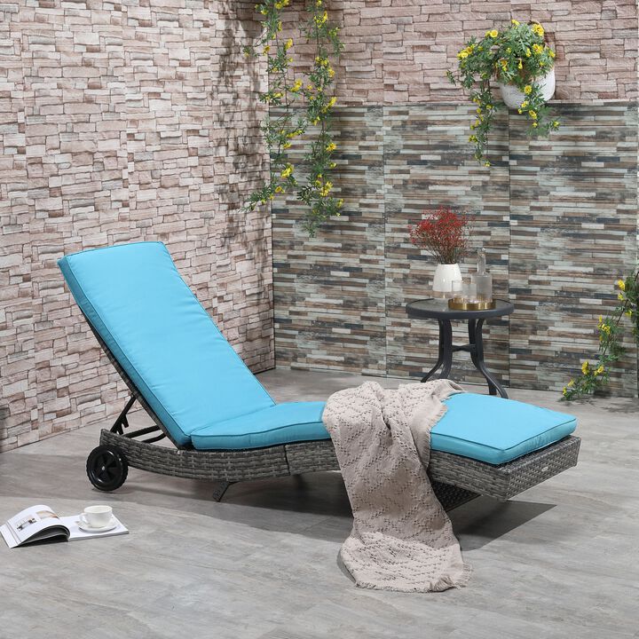 Outdoor PE Rattan Sun Lounger with Cushioned Chaise Lounge Chair, 5-Level Adjustable Backrest & Wheels for Patio, Sky Blue
