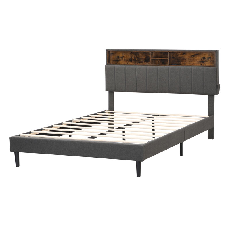 Queen Size Upholstered Platform Bed with Storage Headboard and USB Port, Linen Fabric Upholstered Bed