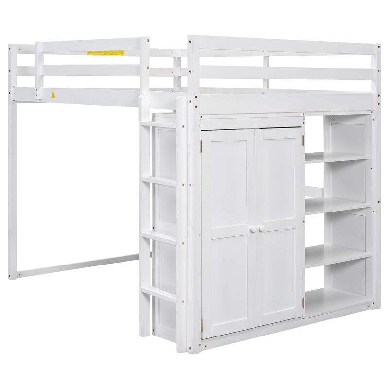 Merax Loft Bed with Wardrobe and Storage Shelves