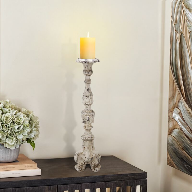 28 Inch Metal Candle Holder, Classical Turned Pedestal, Distressed White - Benzara