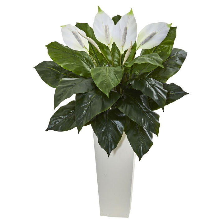 HomPlanti 3' Spathifyllum Artificial Plant in White Tower Planter