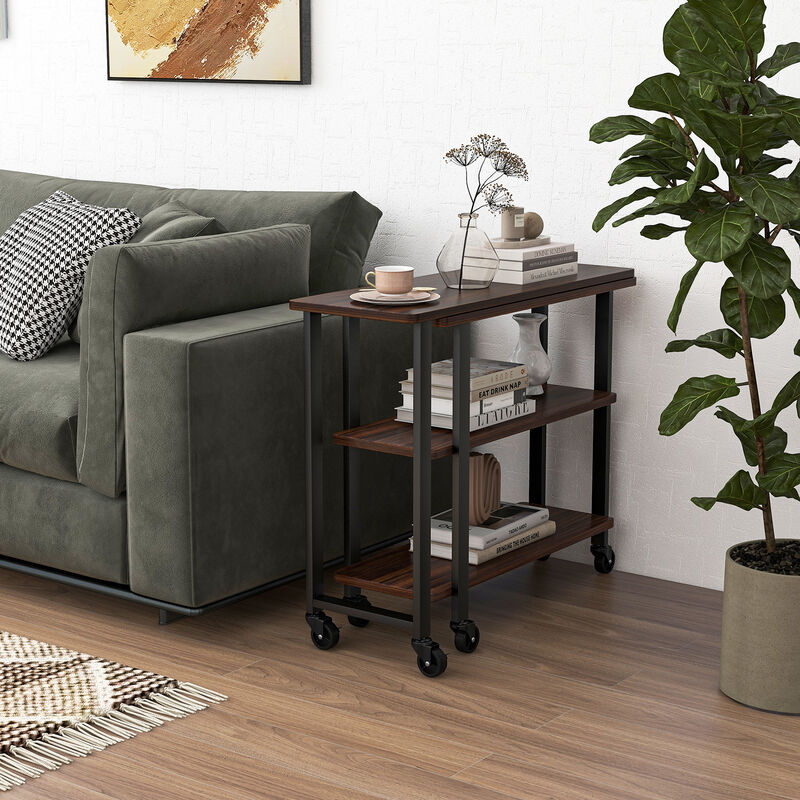 360° Rotating Sofa Side Table with Storage Shelves and Wheels