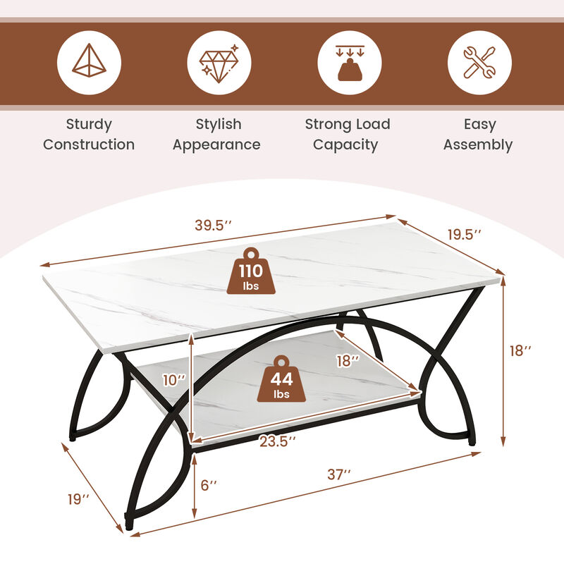 2-Tier Faux Marble Coffee Table with Marble Top and Metal Frame