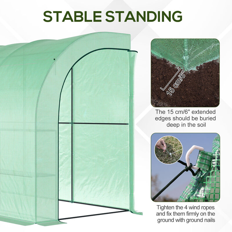 Outsunny 10' x 5' x 7' Lean to Greenhouse, Walk-In Green House, Plant Nursery with 2 Roll-up Doors and Windows, PE Cover and 3 Wire Shelves, Green