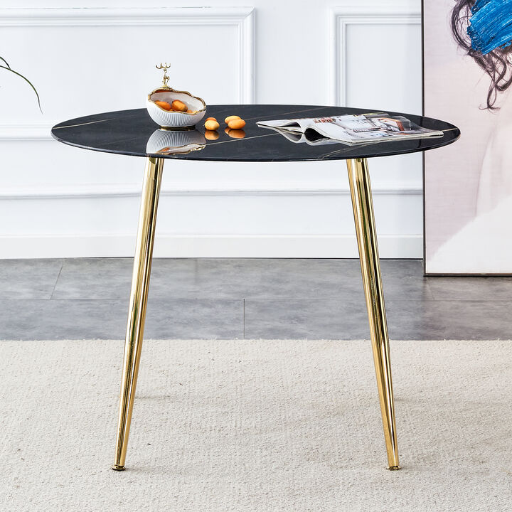Hivvago 40 inches Modern Minimalist Round Marbled Glass  Table with Gold Metal Legs