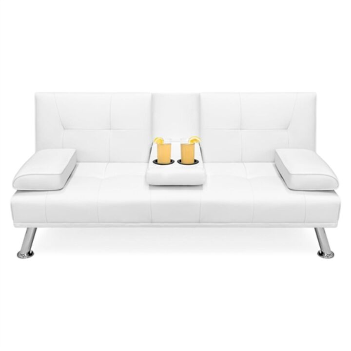 Hivvago White Faux Leather Convertible Sofa Futon with 2 Cup Holders