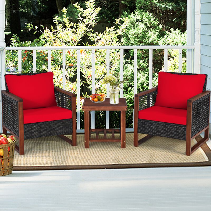 3 Pieces Patio Wicker Furniture Set with Washable Cushion and Acacia Wood Coffee Table