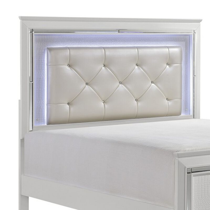 Noah Contemporary Queen Bed, LED Backlit Crystal Tufted Headboard, White-Benzara