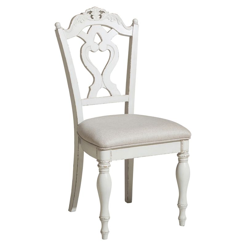 Victorian Style Writing Desk Chair with Engraved Backrest, Antique White-Benzara