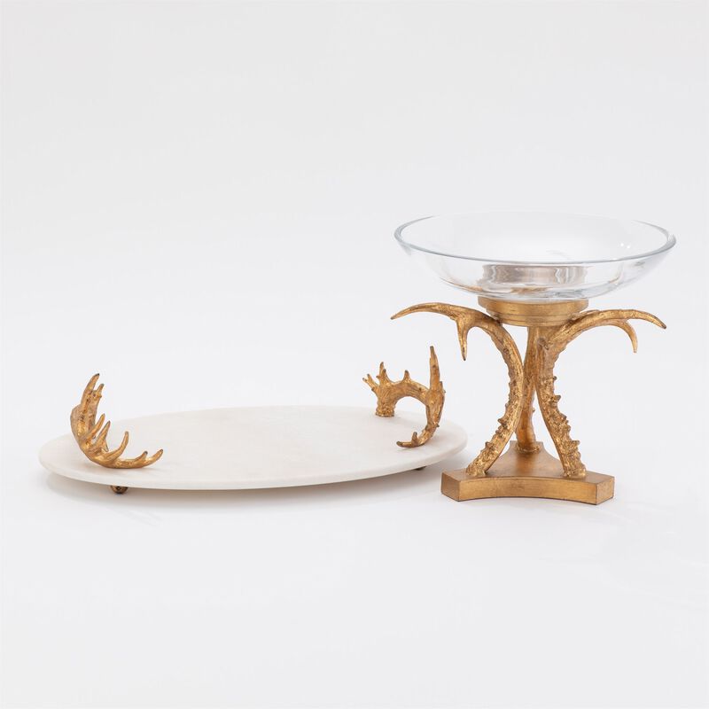 White Marble Platter with Reindeer Antler Handles-Gold