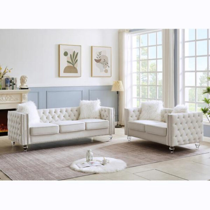 Velvet Sofa, Crystal Buckle Upholstery with Crystal Feet & Plush Pillows For Living Room