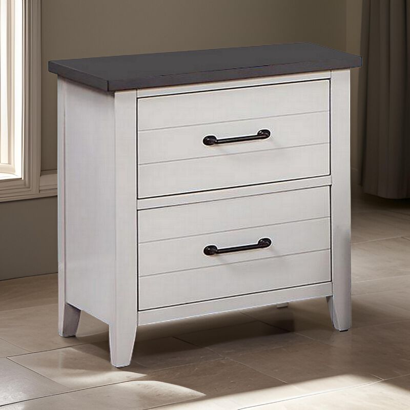 Akira 24 Inch Nightstand, 2 Drawers, White Solid Wood Frame and Gray Top - Benzara