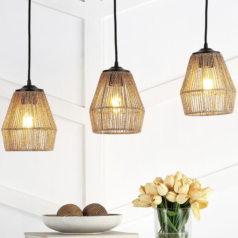 Ibiza Island 30" 3-Light Woven Rope/Metal Bohemian Coastal LED Linear Pendant, Oil Rubbed Bronze/Natural